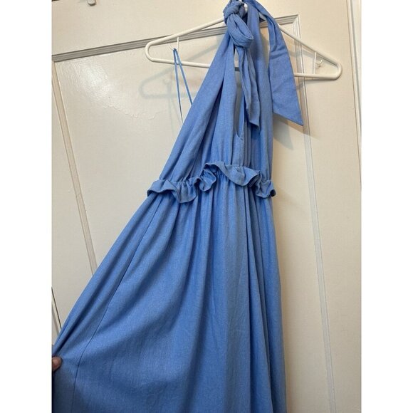 Charles Henry Linen Blue Halter Dress Large L Maxi Backless - Picture 7 of 10